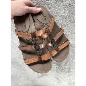 TAOS Prize Women’s 6  Silver Coins Sandals Tan Leather Slip on Comfort Shoes